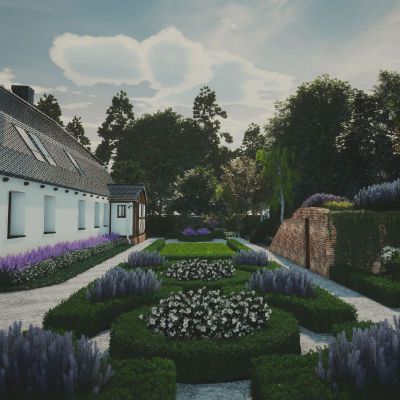 Ogród w stylu angielskim - Geometryczne żywopłoty wokół domu z szałwią